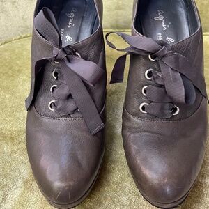 AGNES B Vintage Leather Block Heels, Sz. 10.5/41, Booties, Ribbon Laced, Gray